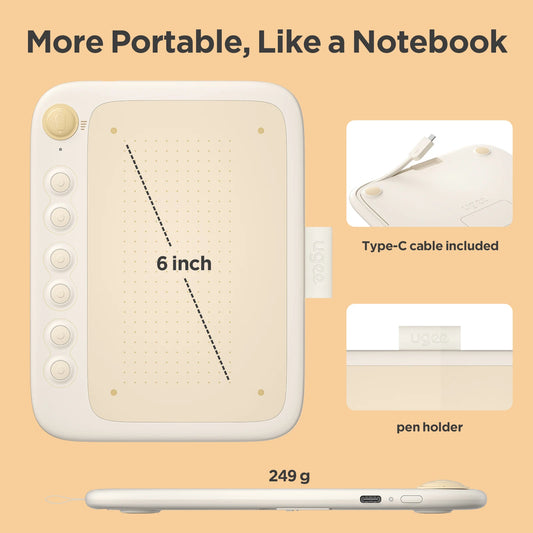 Compact Graphics Tablet UGEE Q6, 6-Inch Drawing Pad with Battery-Free Stylus, 8192 Pressure Levels, 60 Degree Tilt and 6 Shortcut Keys