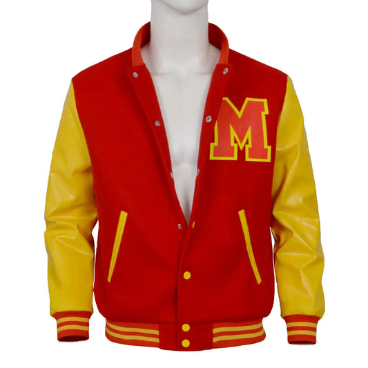 Mens Red and Yellow Varsity Costume Jacket with Letter M Detail, Colorblock Bomber for Pop-Inspired Cosplay, Halloween and Stage Performances