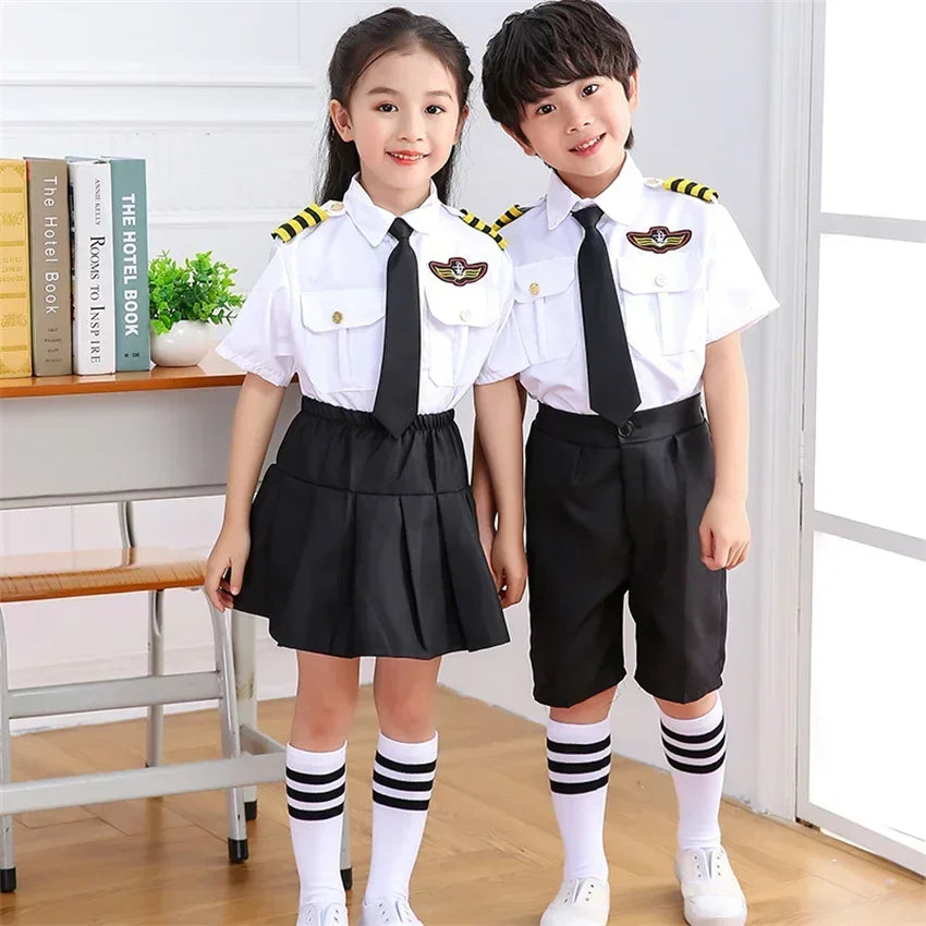 Kids Pilot Costume for Boys and Girls, Airline Captain Uniform-Style Outfit with Short Sleeve Shirt Styling for Career Day and Halloween