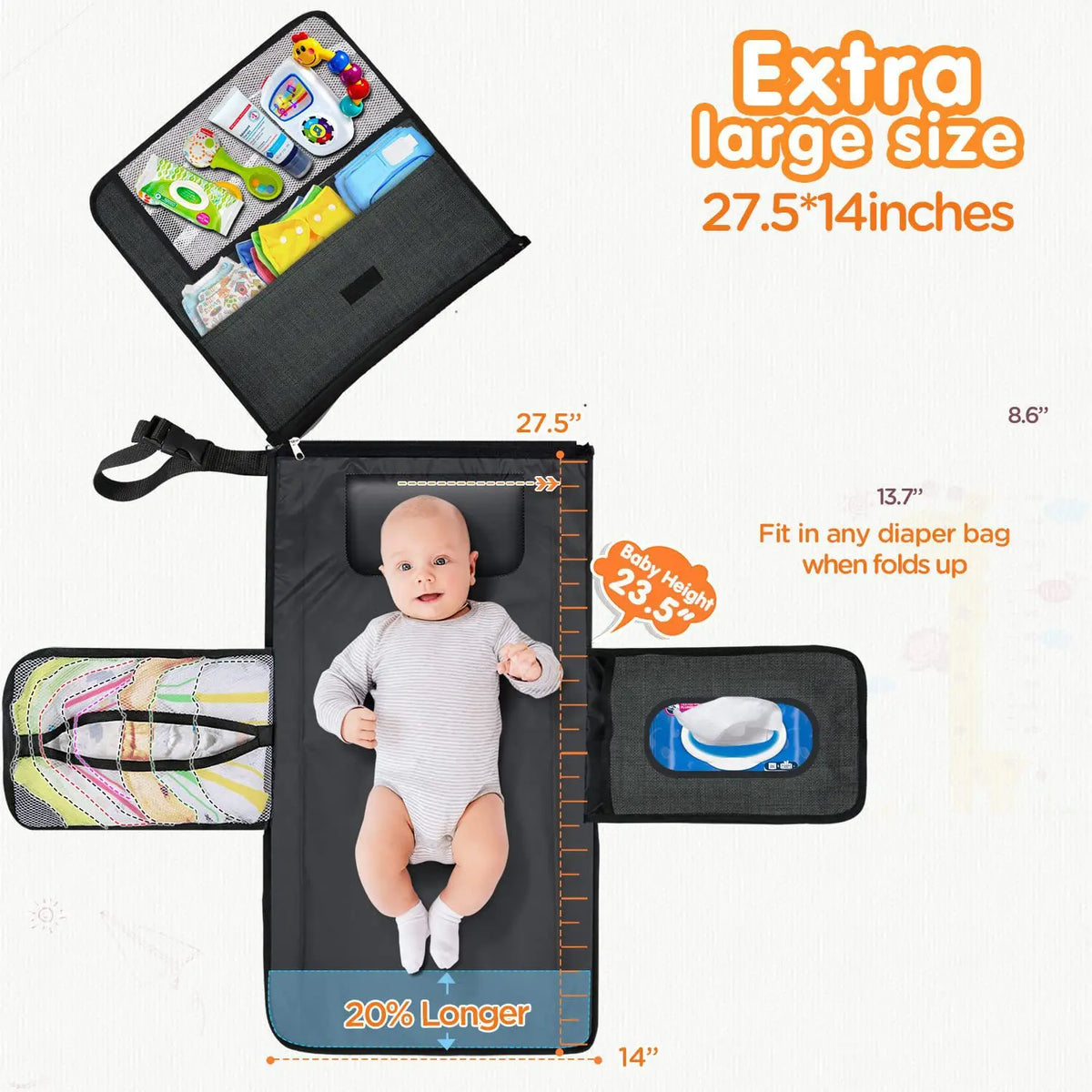 Diaper Changing Clutch with Foldout Baby Mat and Storage Pockets, 3-in-1 Portable Waterproof Changing Pad for Everyday Outings
