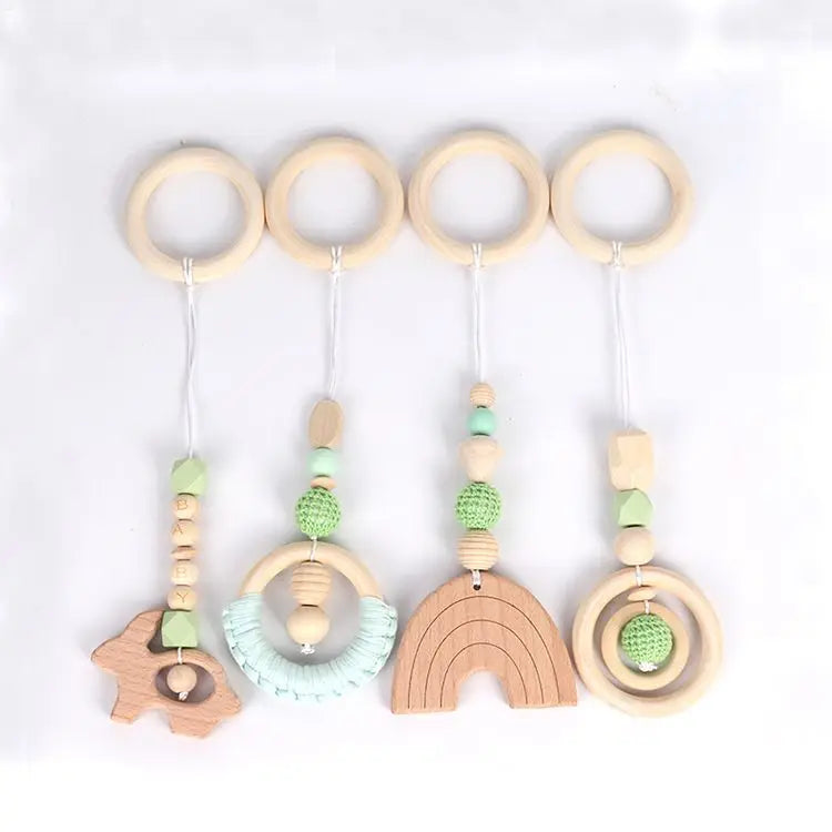 Beech Wood Baby Gym Toy Set, 4 Hanging Animal Pendants with Yarn Details and 5.8 cm Rings for Supervised Looking and Reaching, Frame Not Included