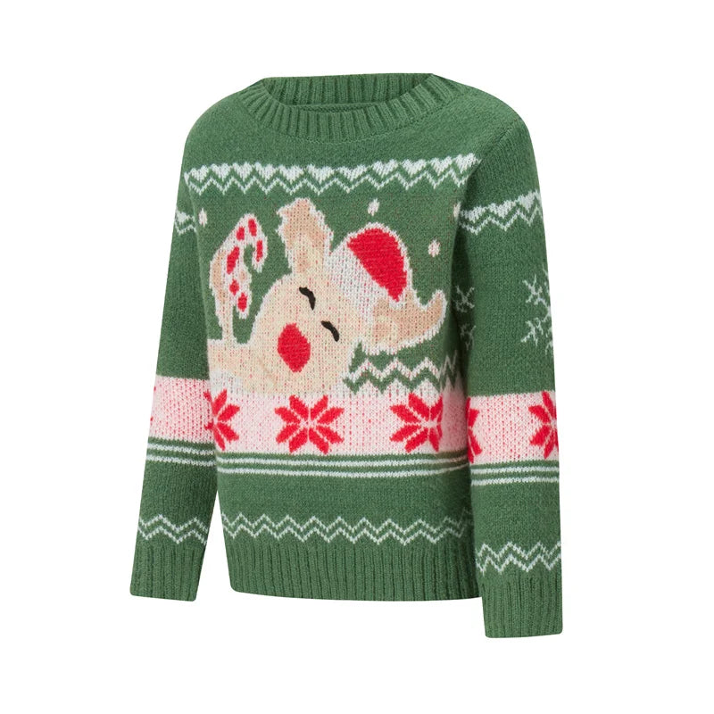 Reindeer Family Christmas Sweaters in Red or Green, Matching Mom Dad and Kids Long Sleeve Crewneck Pullovers for Holiday Photos and Parties