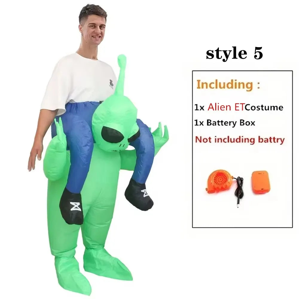 Alien Piggyback Inflatable Costume for Adults and Kids, Green Carrying Illusion Suit with Fan for Halloween, Cosplay and Stage Parties