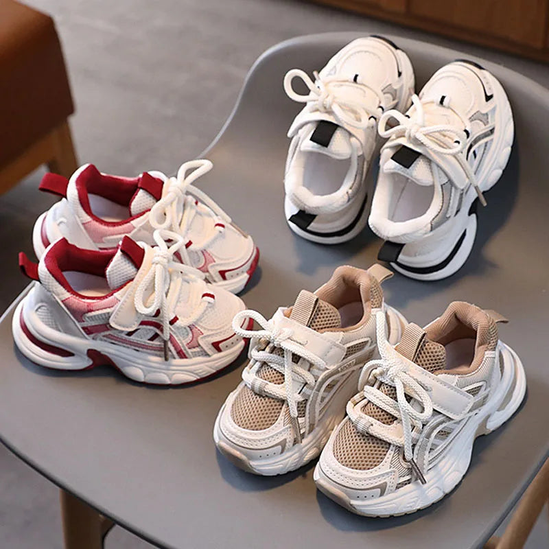 Children Mesh Sports Sneakers with Layered Panels, Lace and Strap Styling for Boys and Girls, Casual Spring and Fall Shoes in Red, Khaki or Black
