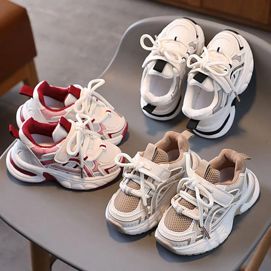 Children Mesh Sports Sneakers with Layered Panels, Lace and Strap Styling for Boys and Girls, Casual Spring and Fall Shoes in Red, Khaki or Black