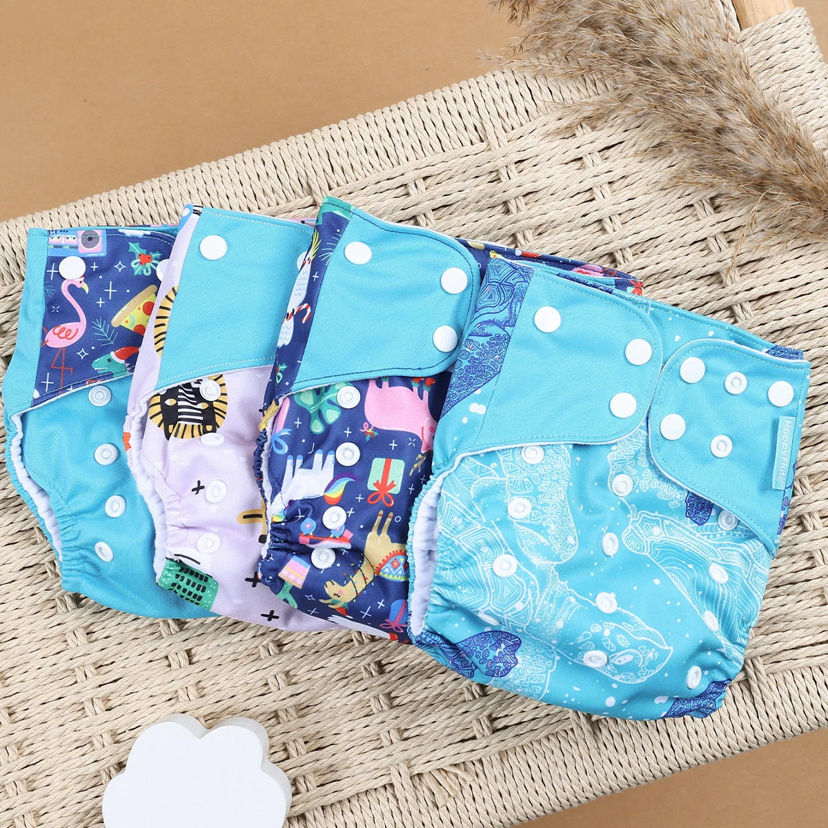 Pocket Cloth Diapers 4-Pack by Happyflute, Reusable Baby Nappies with Printed PUL Outer, Suede Cloth Lining and Snap Closures for 3–15 kg