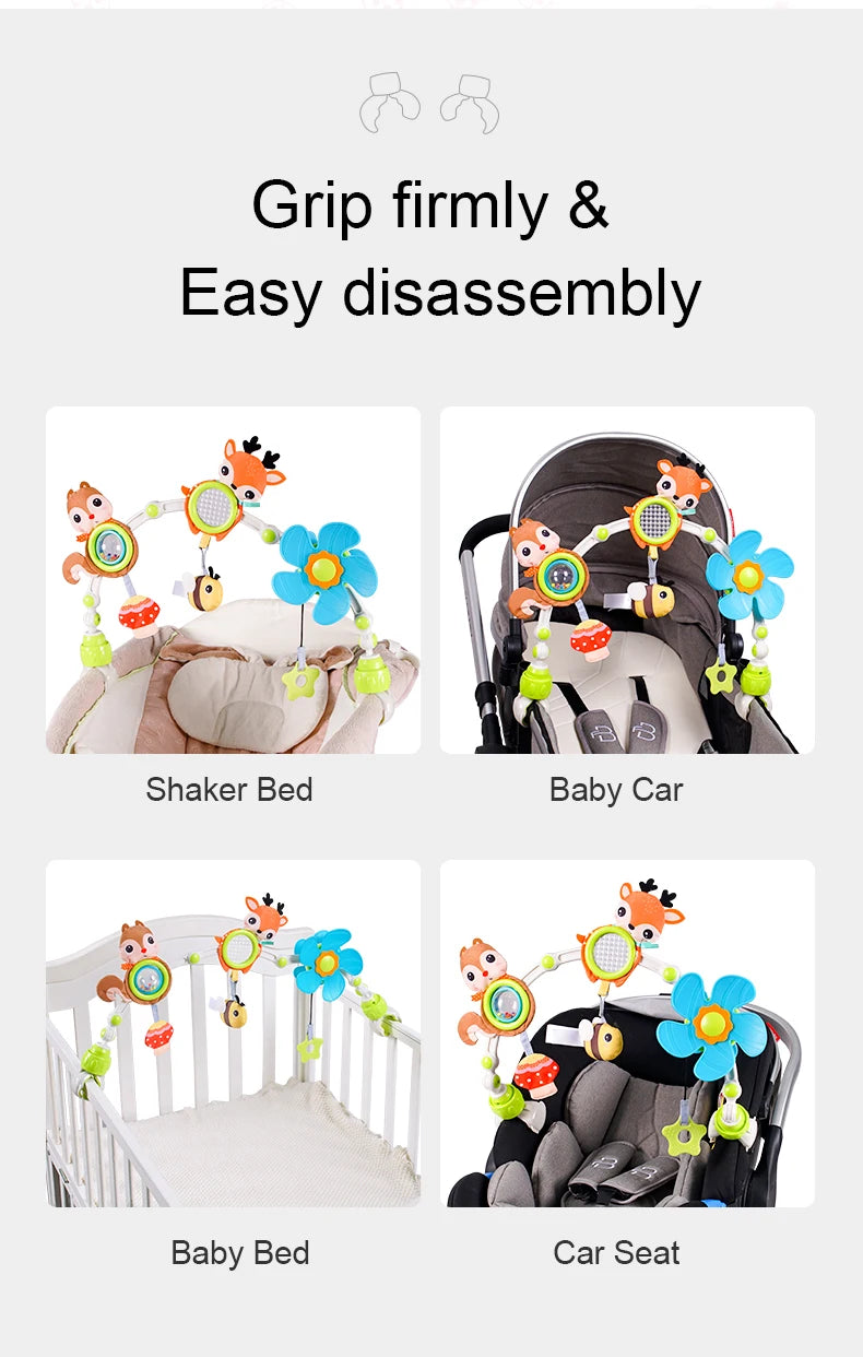 Adjustable Baby Activity Arch with Clamp-On Animal Toys, Colorful Stroller Play Bar for Supervised Sensory Exploration and Baby Shower Gifts