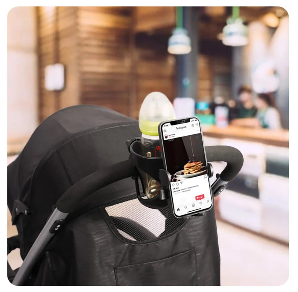 Stroller Drink and Phone Holder with Handlebar Clamp, Black Cup and Bottle Organizer with Separate Phone Cradle for Parent Walks and Family Outings