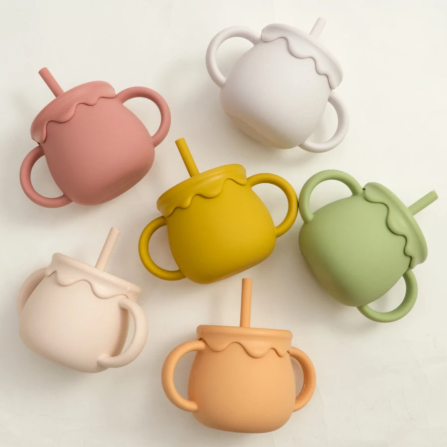 Two-Handle Toddler Straw Cup with Rounded Body and Wavy-Edge Lid, Portable Baby Drinkware and Snack Container Options for Supervised Use