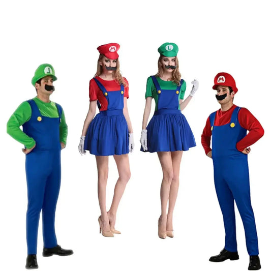 Adult Mario and Luigi Inspired Costume for Men and Women, Red or Green Blue-Overall Styling with Hat and Mustache for Halloween and Cosplay