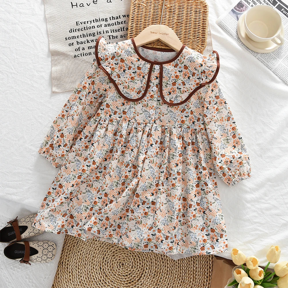 Toddler Girls Floral Dress with Oversized Collar and Long Sleeves, Bear Leader Outfit in Sizes 2T–6T for Spring, Fall and Family Photos
