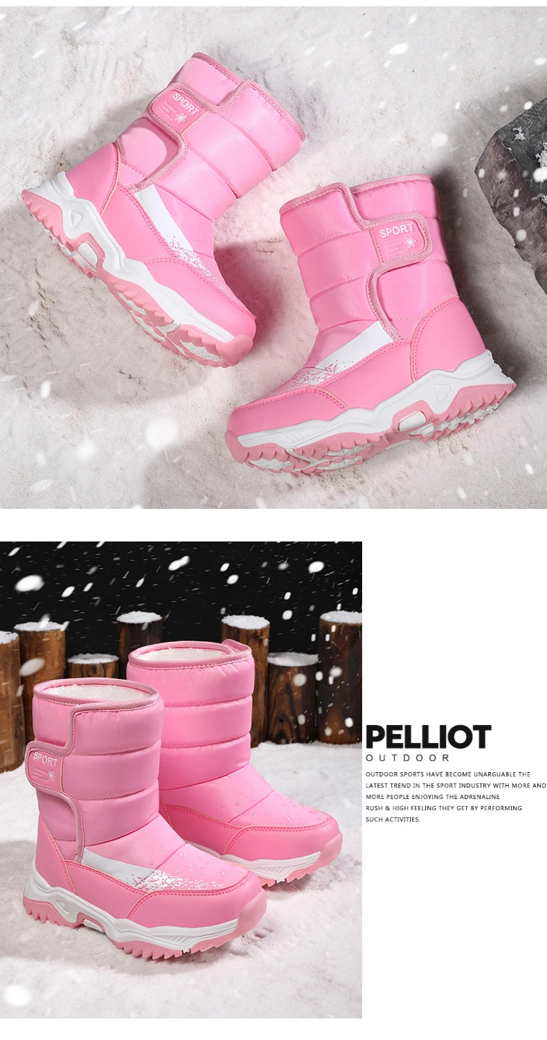 Kids Plush-Lined Winter Boots with Padded Shafts and Front Flap Closures, Pink or Purple Snow-Style Footwear for Boys and Girls