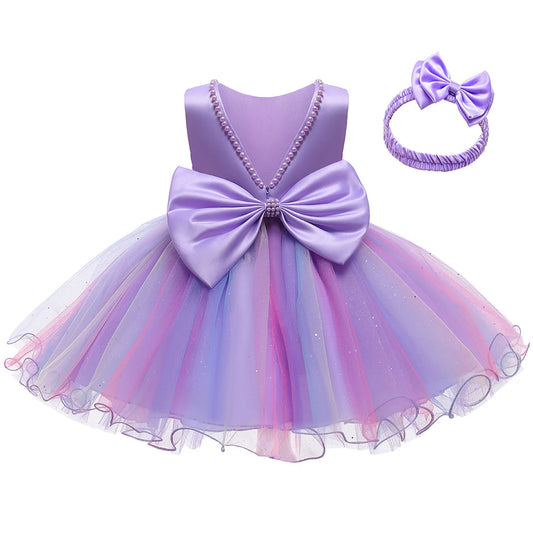 Infant Girl Party Dress with Bow Back and Pearl-Look Trim, Sleeveless Princess Gown with Headband for Birthdays and Weddings, Sizes 3-24M