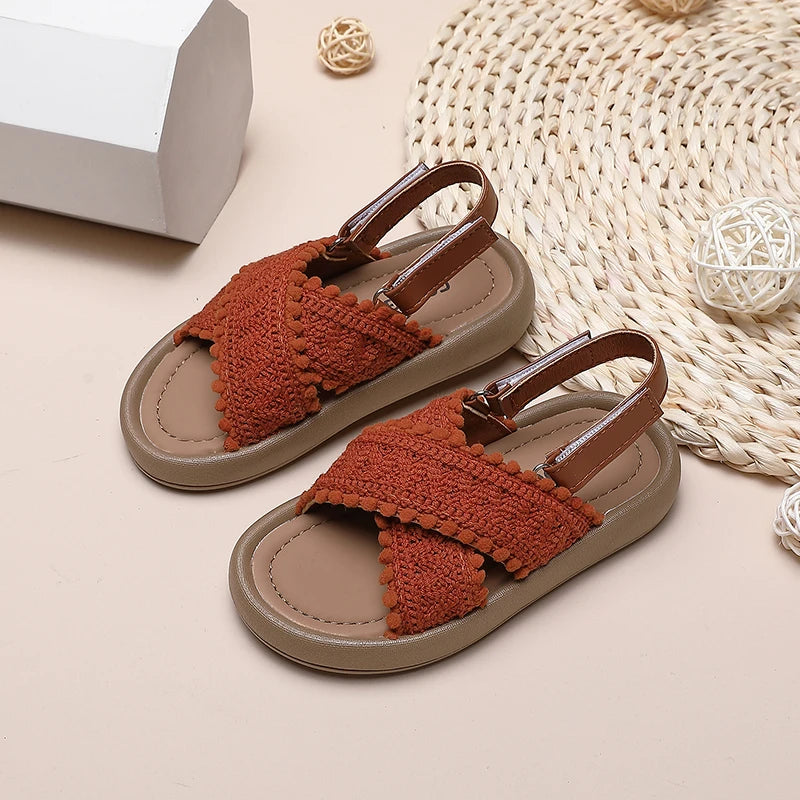 Girls Cross Strap Sandals with Textured Trim and Open Toe Design, Brown or Beige Retro Summer Shoes for Casual Outfits and Vacation Photos