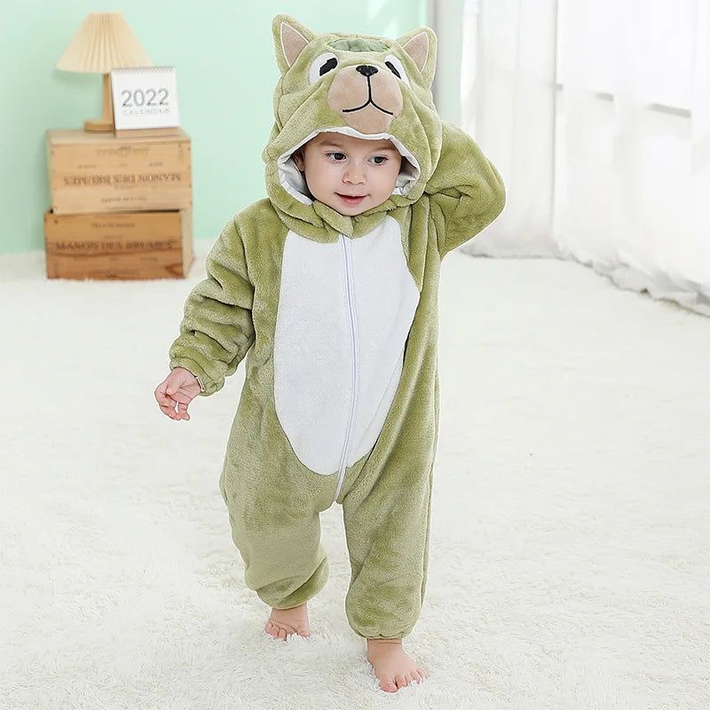 Baby Animal Hooded Costume Jumpsuit with Flannel Styling, Duck, Rabbit, Leopard and More Dress-Up Options for Boys and Girls, Sizes 70-120
