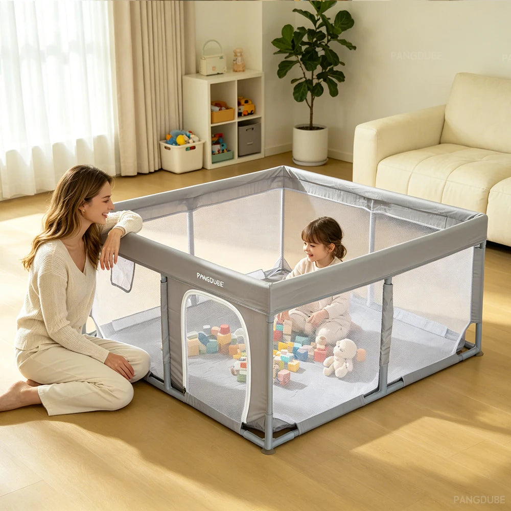 Padded Baby Playpen by PANGDUBE, Gray Mesh Activity Yard with External Zipper Door, Storage Pocket and Five Size Options for Supervised Play