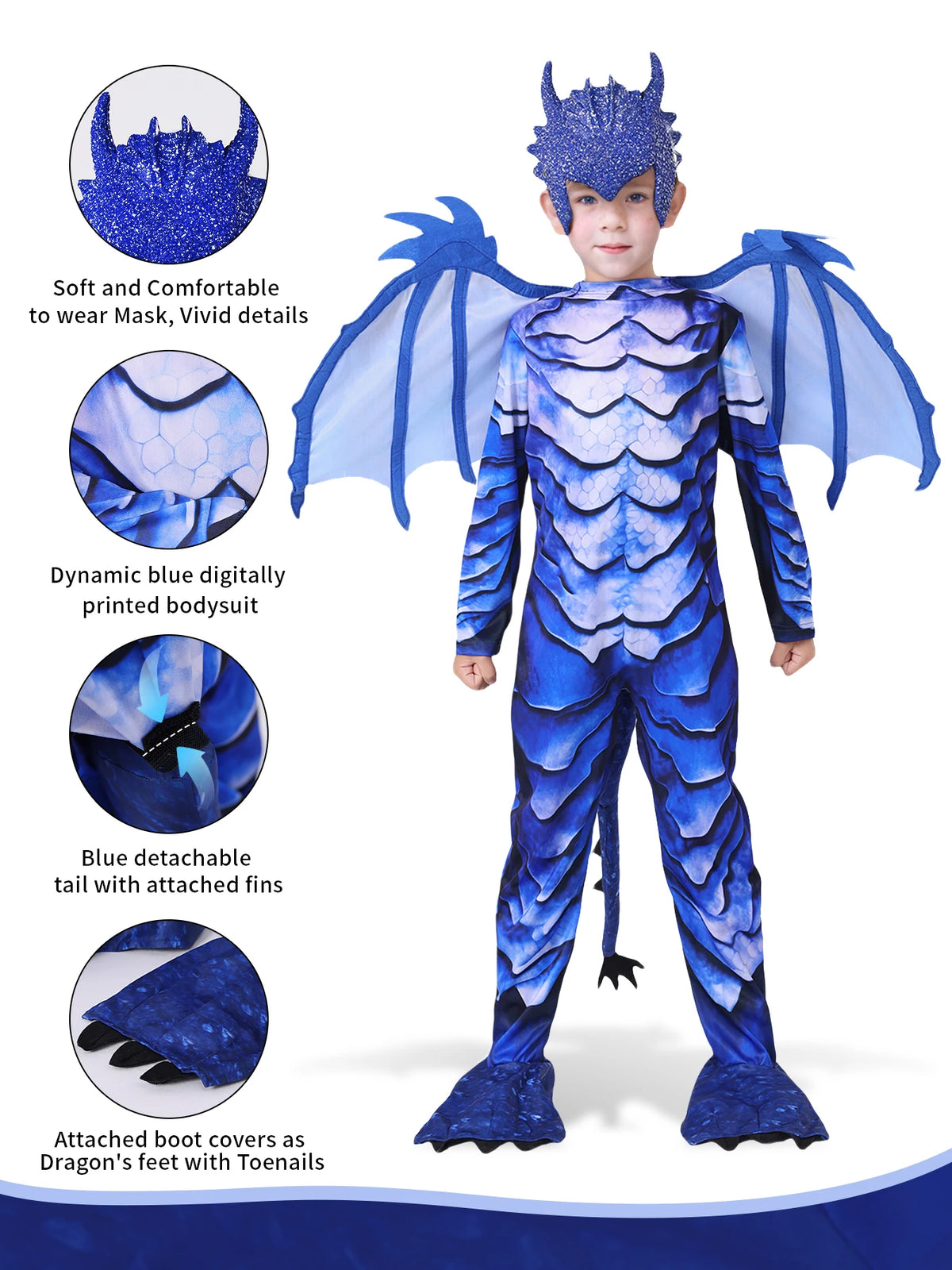 Blue Dragon Costume for Kids with Scale Print Jumpsuit, Wings, Padded Tail and Horned Mask for Halloween, Carnival and Fantasy Dress-Up