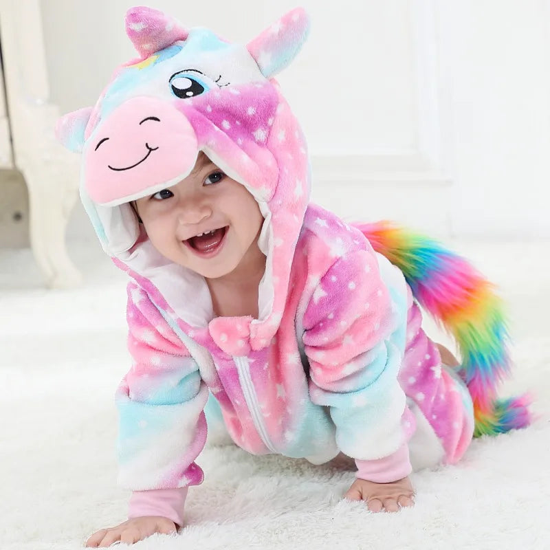 Animal Kigurumi Costume for Babies and Toddlers, Hooded Flannel Jumpsuit with Long Sleeves for Halloween Dress-Up and Family Photos