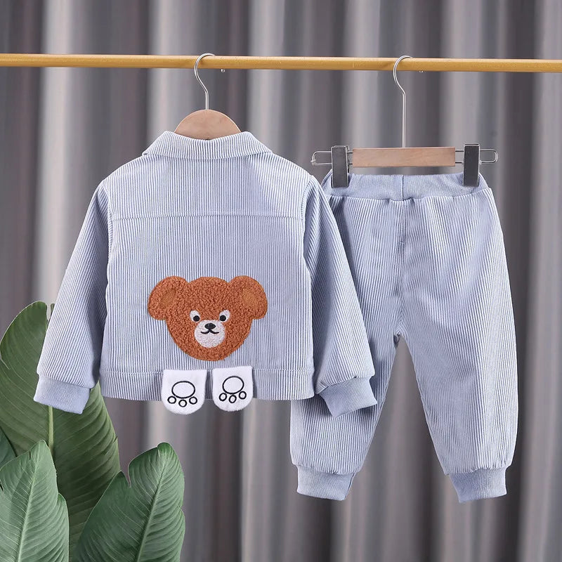 Toddler Bear Pocket Outfit Set, Two-Piece Button-Front Collared Jacket and Matching Pants for Boys and Girls, Blue or Khaki, 12-18M to 5T