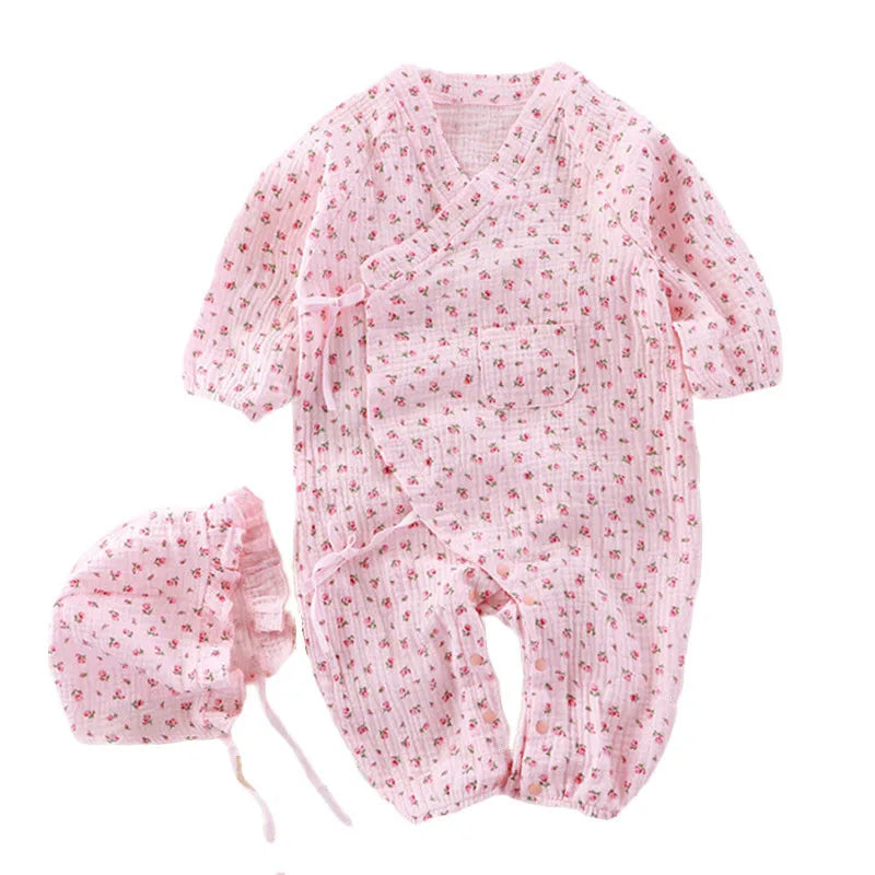 Muslin Cotton Baby Kimono Romper with Side Ties and Leg Snaps, Long Sleeve Printed Footless Jumpsuit for Boys and Girls, 0-24 Months
