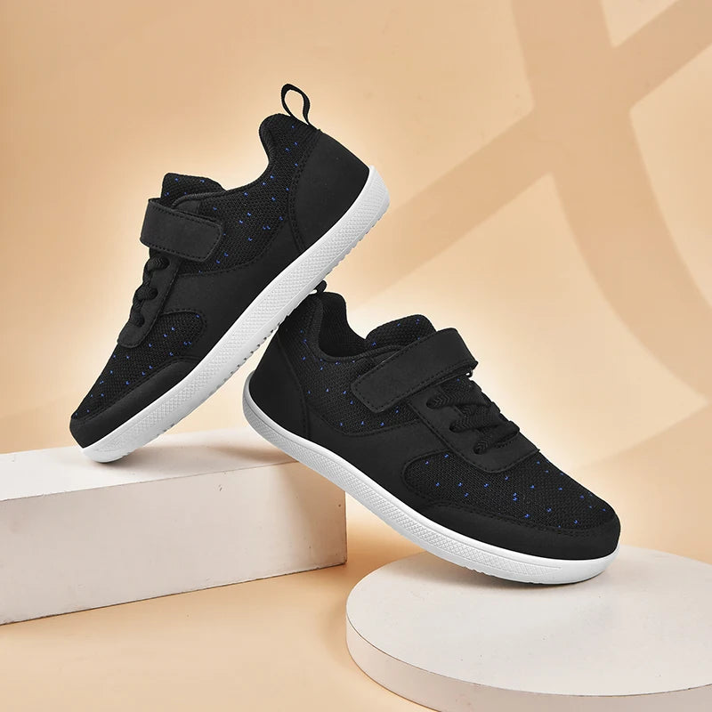 Kids Breathable Mesh Walking Shoes with Wide Toe Design, Hook-and-Loop Strap and Textured EVA Soles in Blue, Black, Pink or Grey