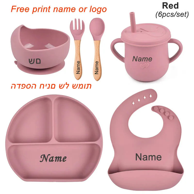 Personalized Baby Feeding Set with Silicone Suction Plate, Bowl, Spoon and Fork, 4-Piece or 6-Piece Tableware Options for Supervised Mealtimes