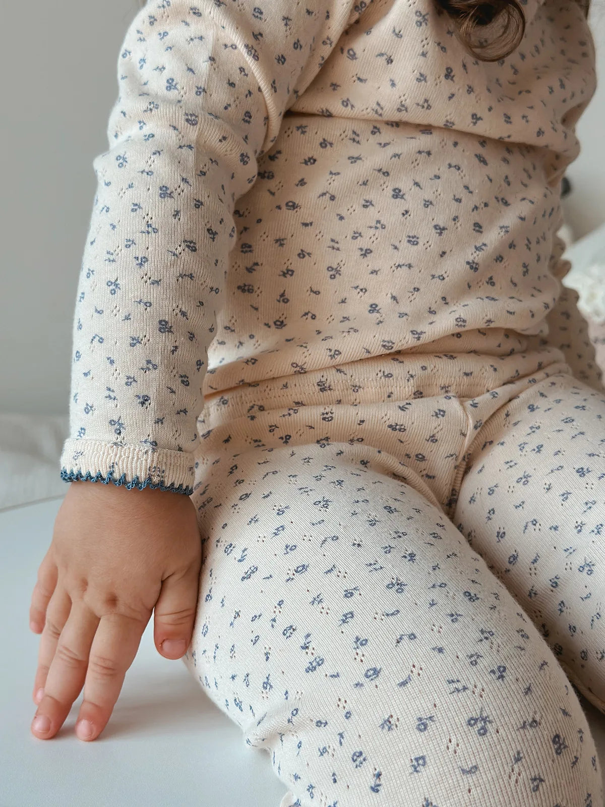 Cherry Print Girls Cotton Pajama Set, Cream Long Sleeve Top and Matching Pants with Red Picot Trim, Two-Piece Toddler Homewear, 1-6T
