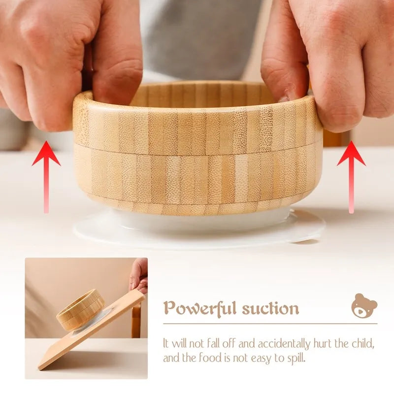 Bamboo Baby Tableware Set with Animal Plate Designs, Bowl, Cup and Wooden-Handle Utensil Options for Supervised Infant and Toddler Mealtimes