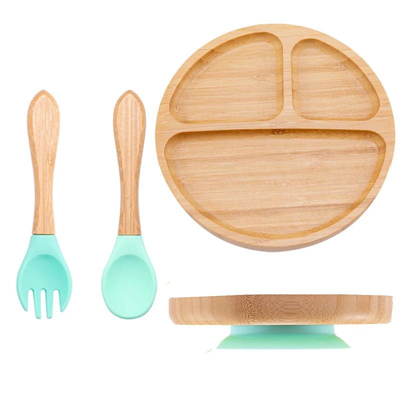 Baby Bamboo Suction Plate Set with Wooden-Handle Spoon and Fork, 3-Piece Cartoon Dinnerware with Divided Elephant Design for Toddler Meals