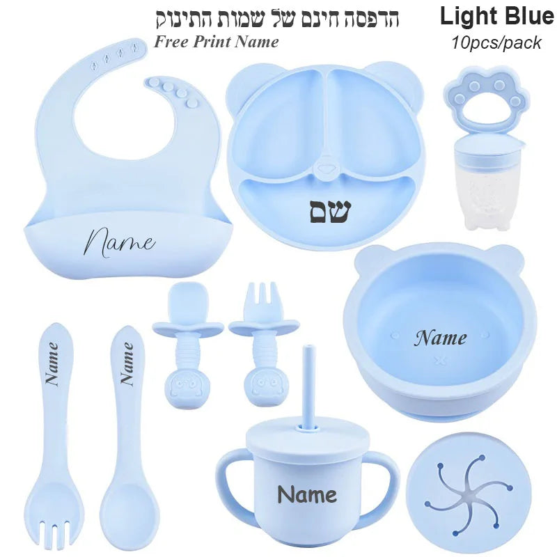 Ten-Piece Personalized Baby Feeding Set with Panda Divided Plate, Suction Bowl, Pocket Bib, Straw Cup and Utensils in Nine Color Options