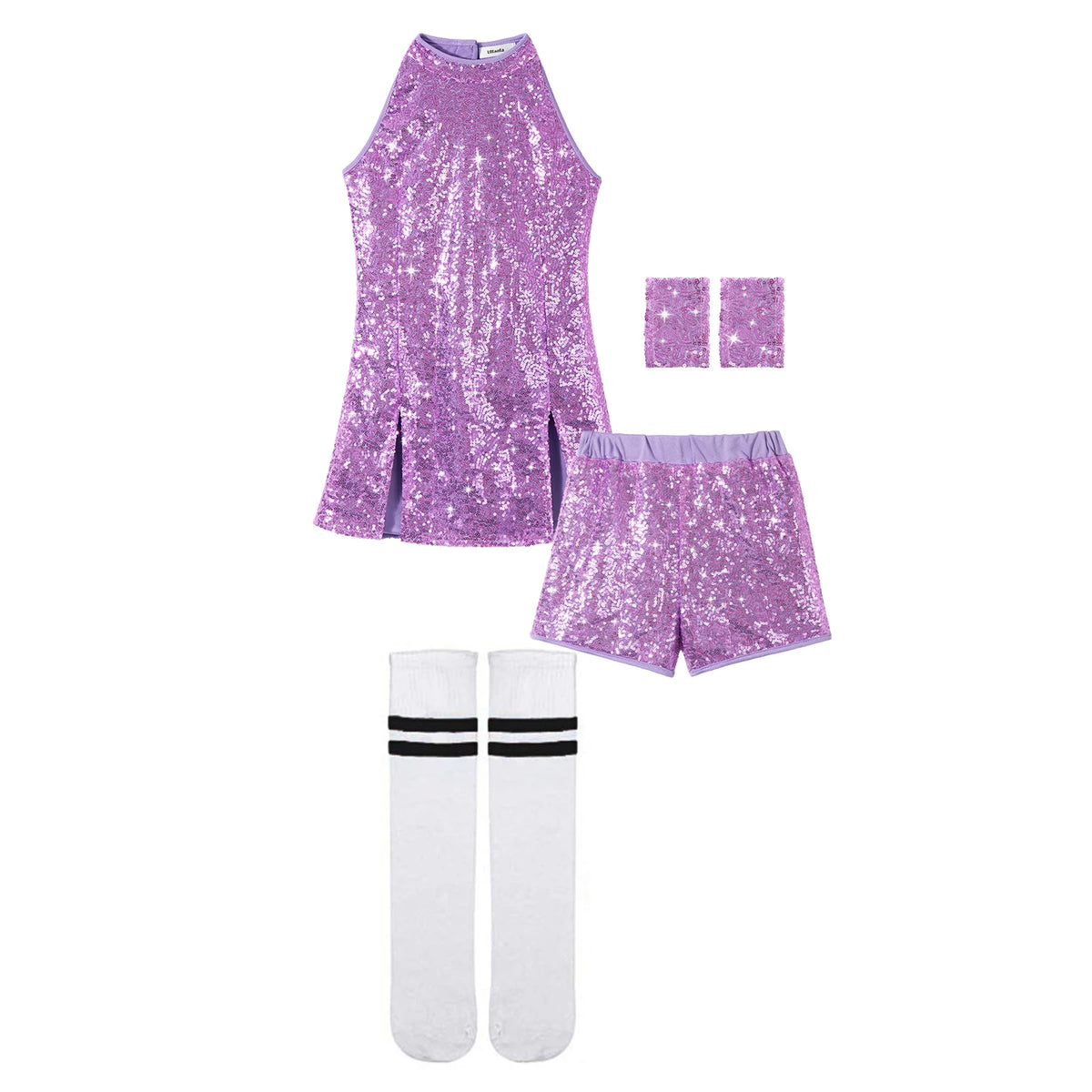 Girls Sequin Jazz Dance Costume with Sleeveless A-Line Dress, Shorts, Socks and Wristbands, Sparkly Hip Hop Stage Outfit for Ages 4-12
