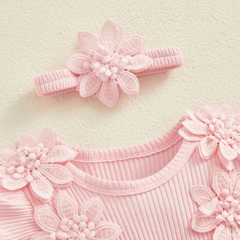 Flower Applique Baby Girl Romper Dress with Headband, Lace Mesh Skirt and Waist Bow, Cotton Blend Summer Occasion Outfit for 0-18 Months