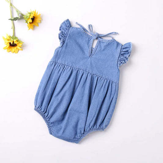 Denim Baby Girl Romper with Ruffle Shoulders, Light Blue Cotton Summer One-Piece Outfit with Snap Bottom for Infants and Toddlers, 0-24 Months
