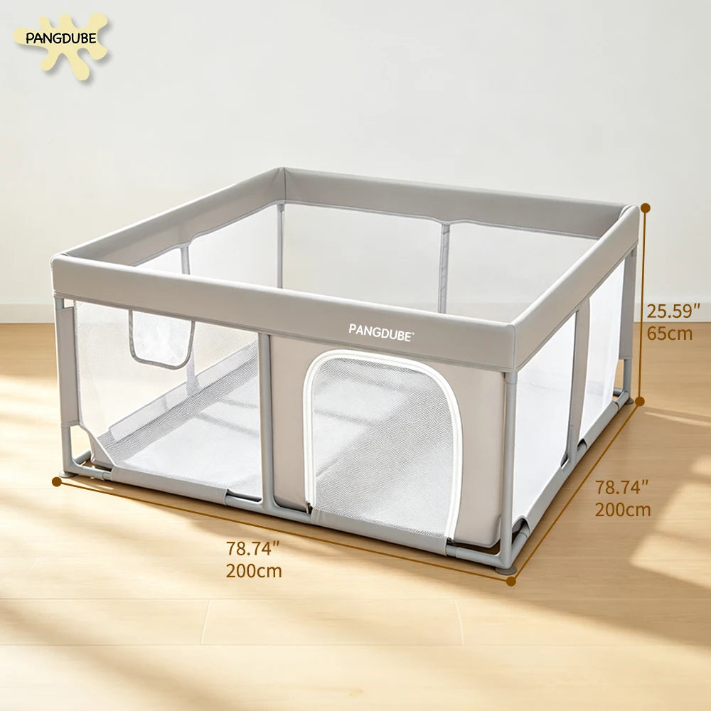 Padded Baby Playpen by PANGDUBE, Gray Mesh Activity Yard with External Zipper Door, Storage Pocket and Five Size Options for Supervised Play