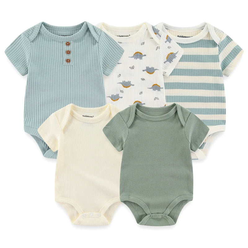 Cotton Baby Bodysuit Set of 5, Short Sleeve and Sleeveless Infant Clothing Styles with Solid Colors and Prints for Boys and Girls, 3M-12M