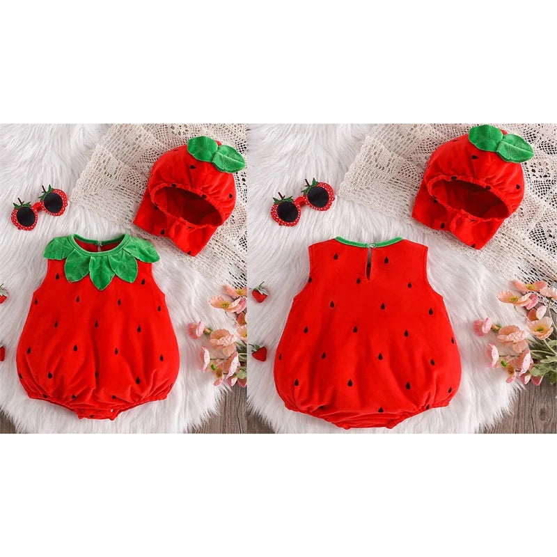 Baby Strawberry Costume with Hat, Red Fruit Romper with Green Leaf Trim for Infant Halloween Dress-Up, Berry-Themed Parties and Photo Sessions
