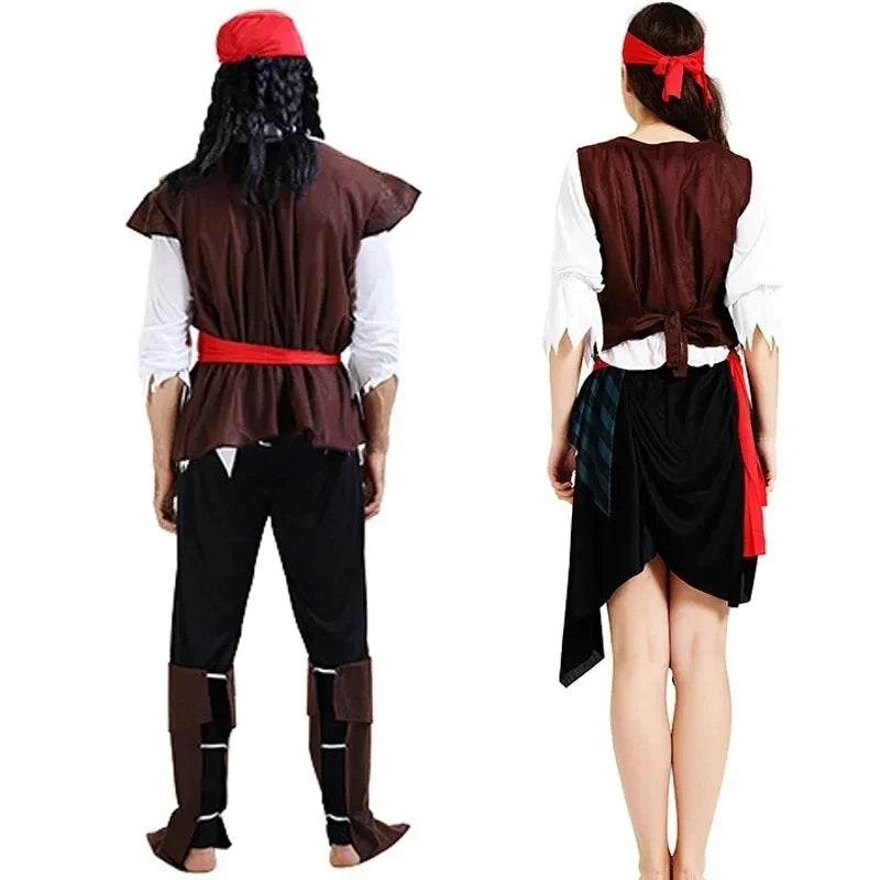 Pirate Captain Cosplay Outfit for Adults, Men’s Pants or Women’s Skirt Costume with Head Scarf and Vest for Halloween and Carnival