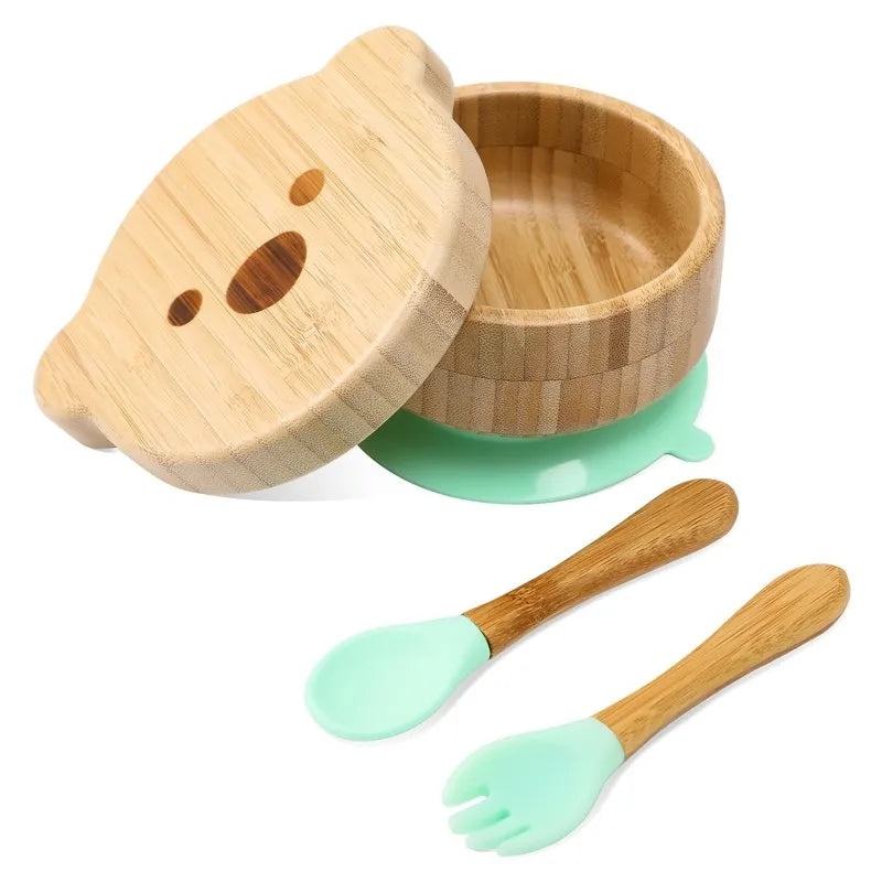 Bamboo Baby Tableware Set with Animal Plate Designs, Bowl, Cup and Wooden-Handle Utensil Options for Supervised Infant and Toddler Mealtimes