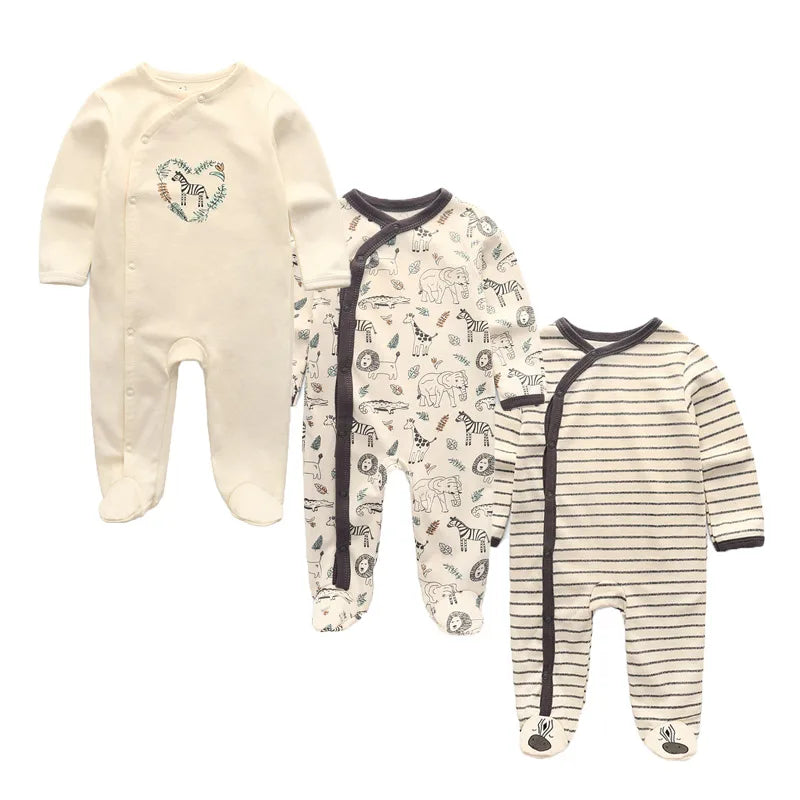 Baby Footed Jumpsuits 3-Pack, 100% Cotton Long Sleeve Cartoon Rompers for Newborn Boys and Girls, Fall and Winter Everyday Outfits