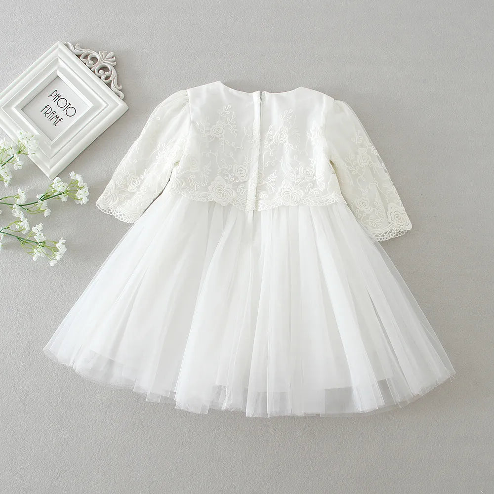 Baby Baptism Gown for Girls with Long Sleeves, Lace Details and Cotton Lining, Dress and Cap Set for Christening and First Birthday Photos