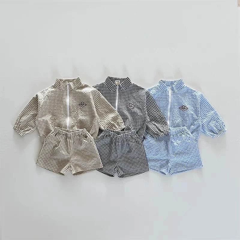 Kids Plaid Jacket and Shorts Set with Stand Collar and Front Zipper, Blue Black or Khaki Two-Piece Summer Outfit for Babies and Toddlers