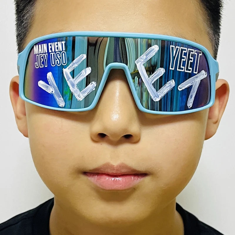 YEET Graphic Sunglasses with Jey Uso Main Event Lettering, Colorful Shield-Style Fan Shades in Children's and Adult Options for Party Outfits