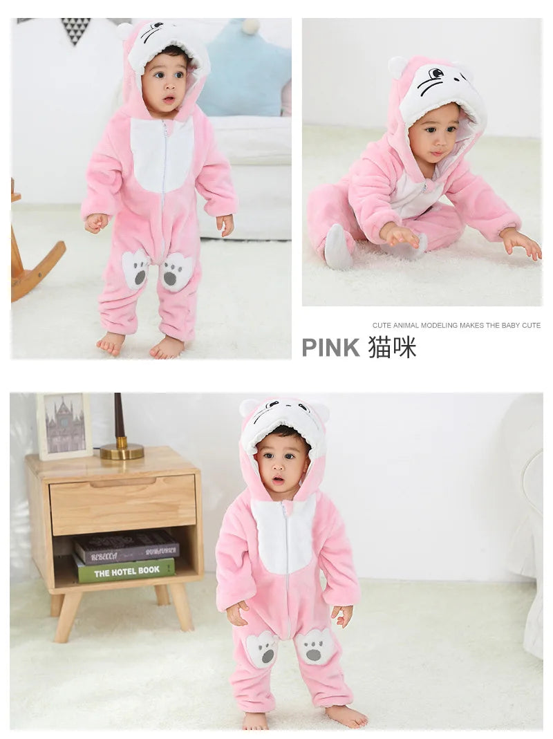 Animal Kigurumi Costume for Babies and Toddlers, Hooded Flannel Jumpsuit with Long Sleeves for Halloween Dress-Up and Family Photos