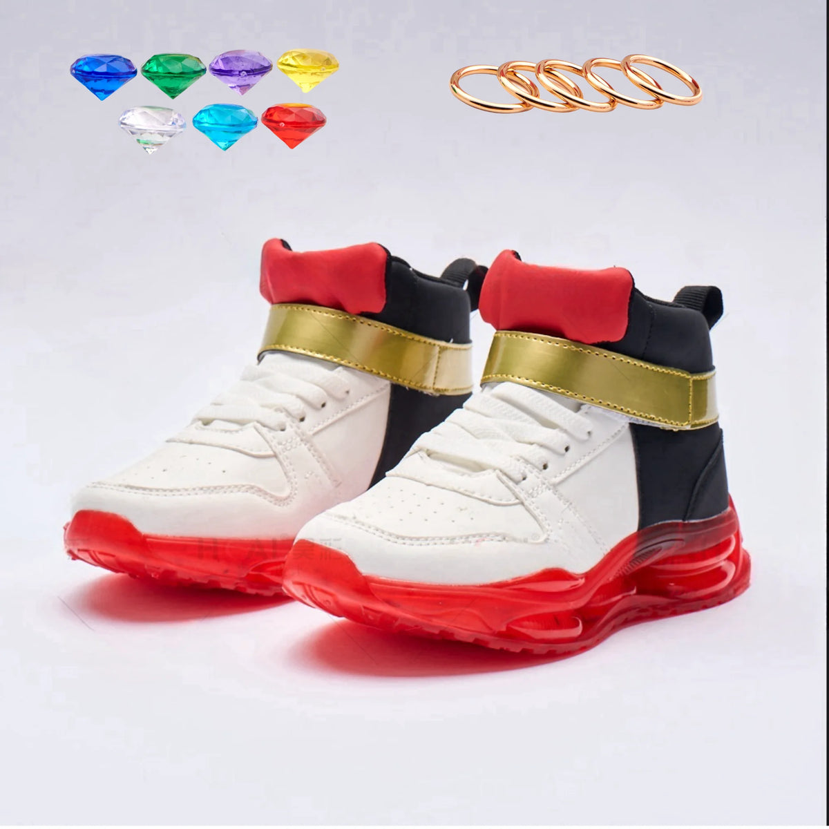 Shadow-Inspired High-Top Sneakers with Red Soles, White and Black Panels and Gold Strap Detail for Kids, Teens and Adult Casual Outfits