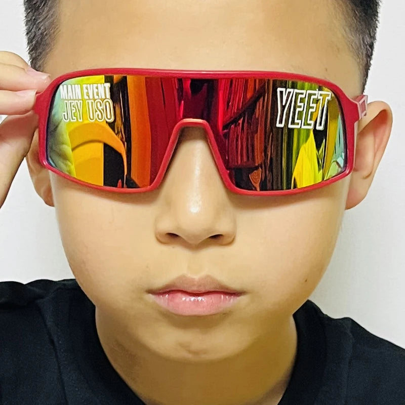 YEET Graphic Sunglasses with Jey Uso Main Event Lettering, Colorful Shield-Style Fan Shades in Children's and Adult Options for Party Outfits