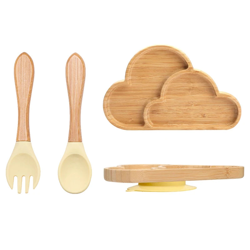 Baby Bamboo Suction Plate Set with Wooden-Handle Spoon and Fork, 3-Piece Cartoon Dinnerware with Divided Elephant Design for Toddler Meals