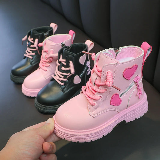Girls Heart Ankle Boots with Lace-Up Front, Side Zipper and Star Accents, Pink or Black Fashion Shoes with Optional Plush Lining, Sizes 26–37