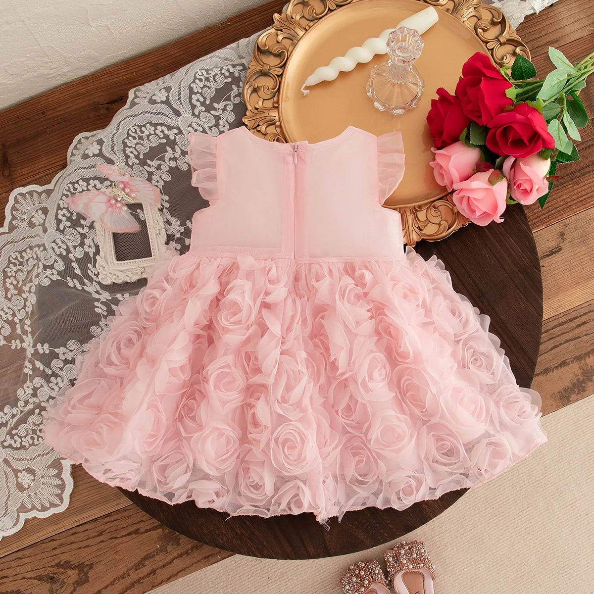 Rosette Baby Girl Party Dress with Large Front Bow and Ruffled Shoulders, Pink or Red Sleeveless Outfit for First Birthdays and Wedding Photos