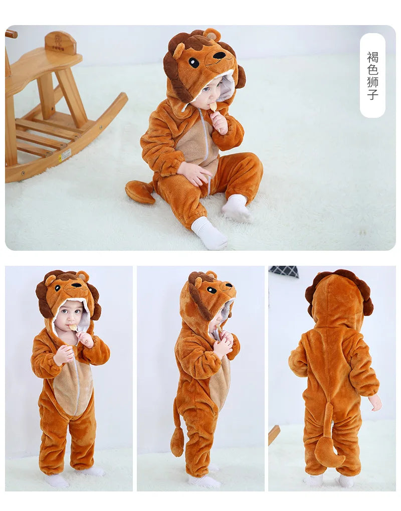 Animal Kigurumi Costume for Babies and Toddlers, Hooded Flannel Jumpsuit with Long Sleeves for Halloween Dress-Up and Family Photos