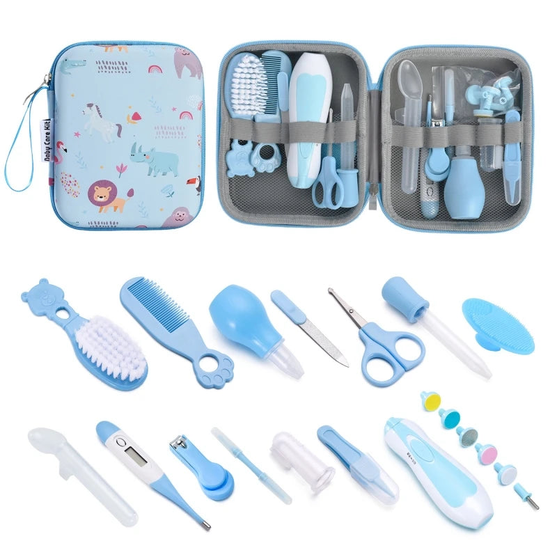 Baby Care Travel Organizer Kit, 20-Piece Grooming Set with Electric Nail Trimmer, Hair Brush, Comb and Animal-Print EVA Case in Blue or Pink